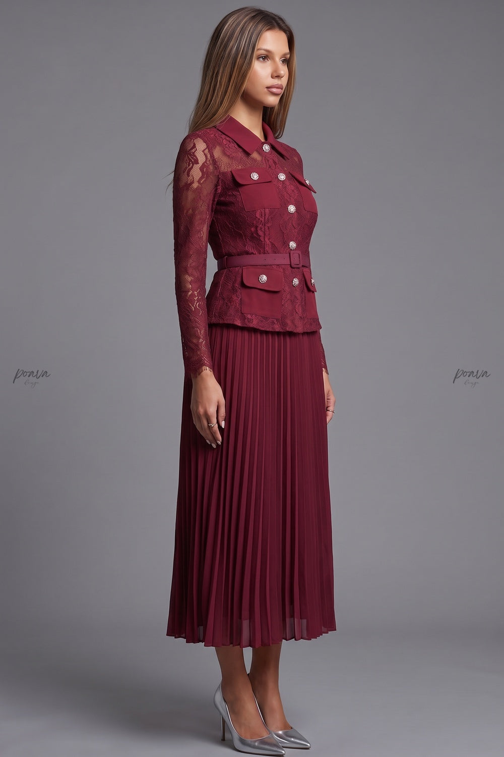 Burgundy Floral Lace Fitted Belted Jacket with Peplum and A-Line Pleated Skirt Two-Piece Set Flowering Girl