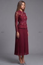 Burgundy Floral Lace Fitted Belted Jacket with Peplum and A-Line Pleated Skirt Two-Piece Set Flowering Girl