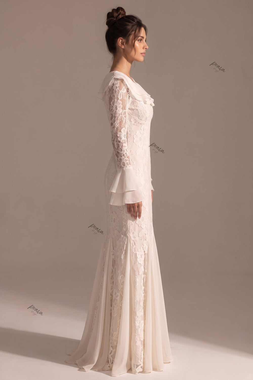 Cream Floral Lace Mermaid Floor-Length Dress Flowering Girl