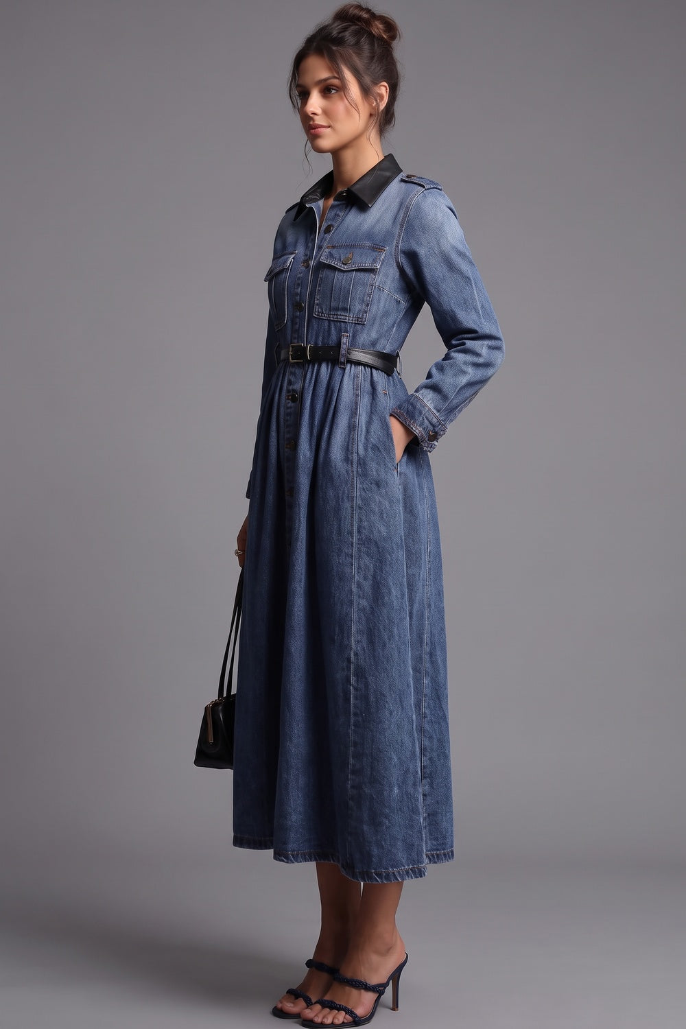 Medium Blue Denim A-Line Shirt Dress with Contrast Collar Flowering Girl