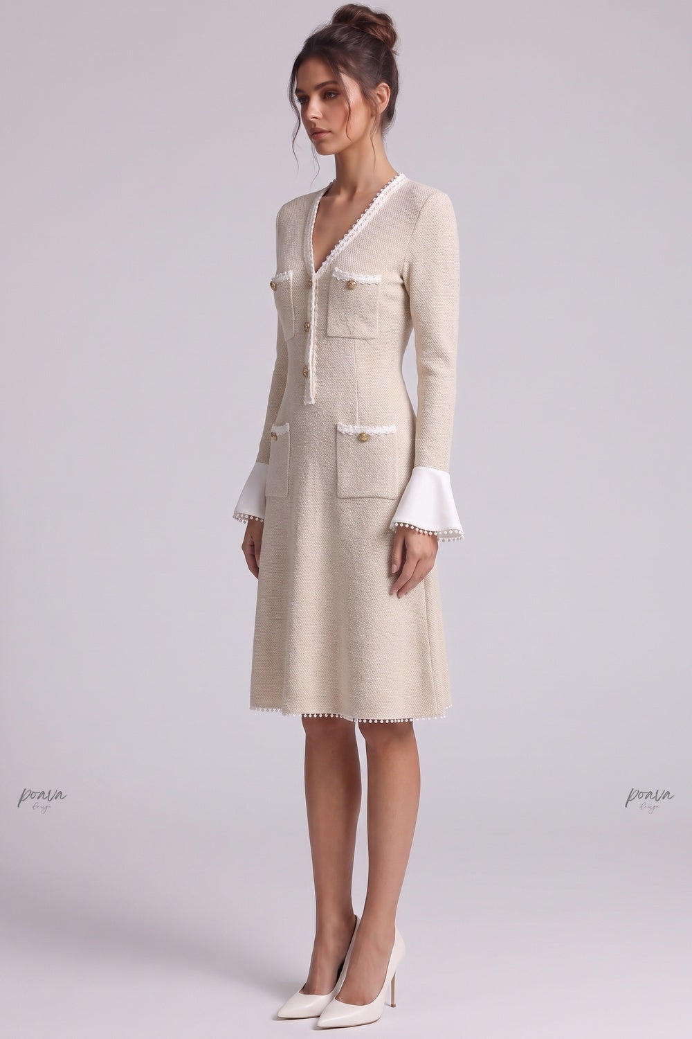 Beige Textured Bouclé Knit A-Line Midi Dress Flowering Girl