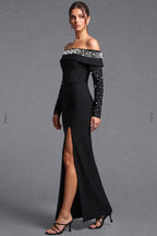 Black Heavy Stretch Crepe Column Evening Gown with Pearl Embellishment Flowering Girl