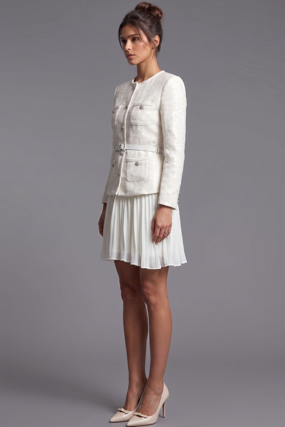 Off-White Tweed Skirt Suit Set with Peplum Jacket and Pleated Mini Skirt Flowering Girl