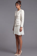 Off-White Tweed Skirt Suit Set with Peplum Jacket and Pleated Mini Skirt Flowering Girl