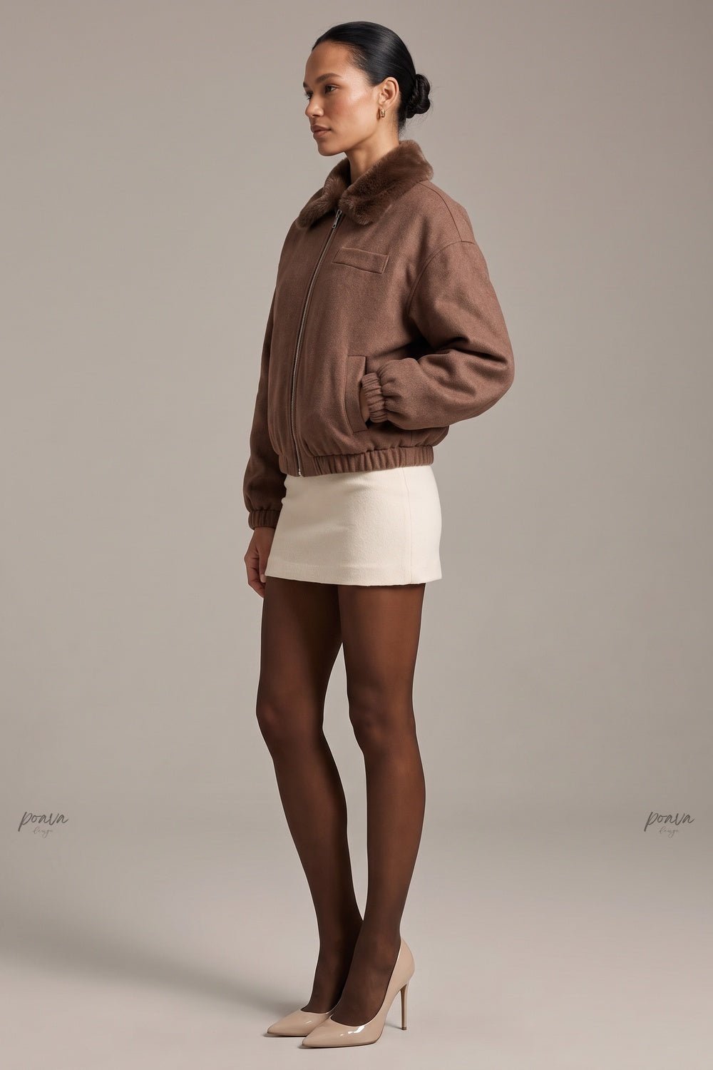 Medium Brown Boxy Bomber Jacket with Faux Fur Collar Flowering Girl