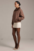 Medium Brown Boxy Bomber Jacket with Faux Fur Collar Flowering Girl