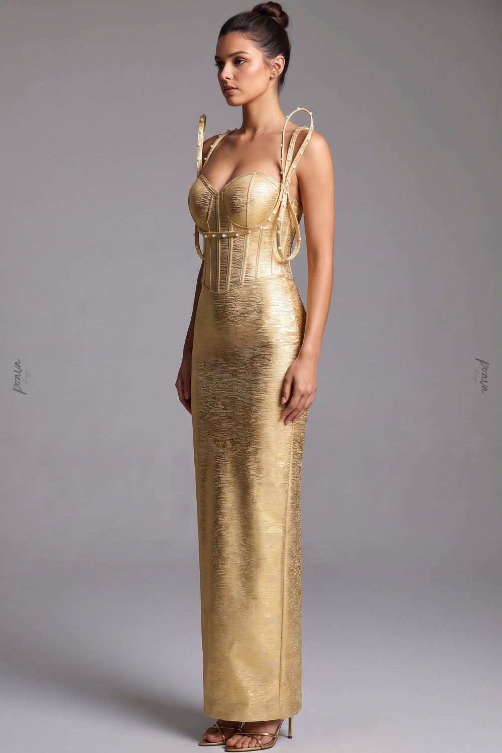 Gold Metallic Foil-Coated Column Maxi Dress with Sculptural Loop Straps Flowering Girl