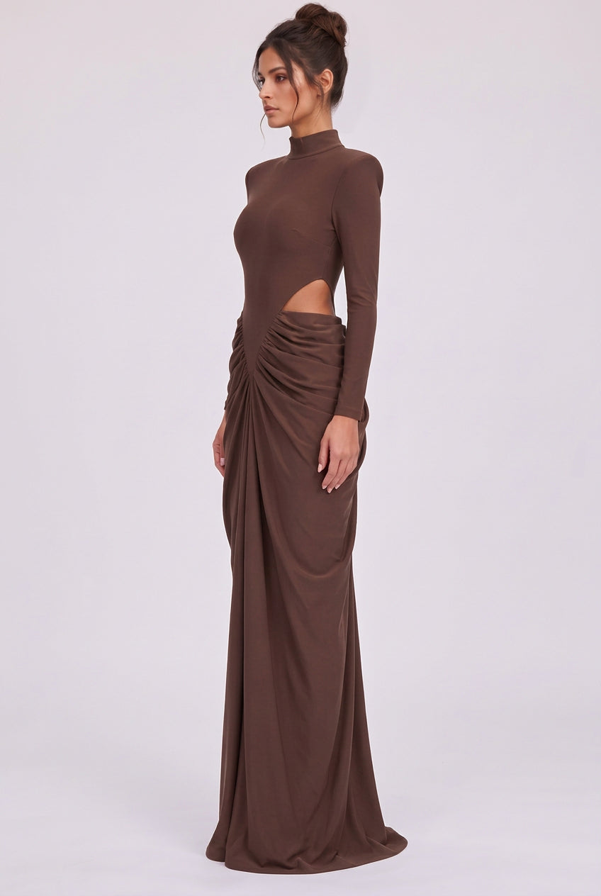 Chocolate Brown Matte Jersey Column Gown with Structured Shoulders Flowering Girl
