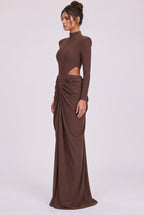 Chocolate Brown Matte Jersey Column Gown with Structured Shoulders Flowering Girl