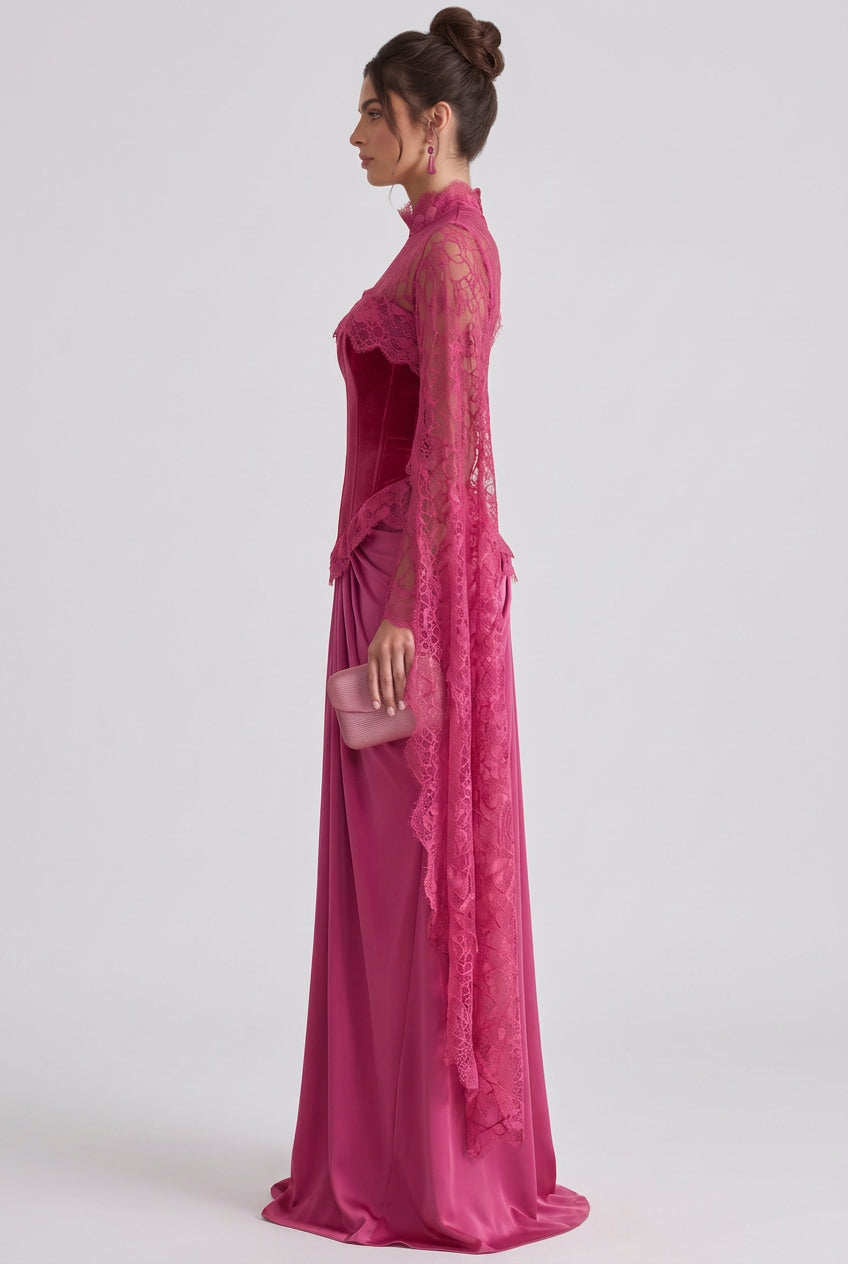 Magenta Velvet Corset-Bodice Draped Gown Flowering Girl