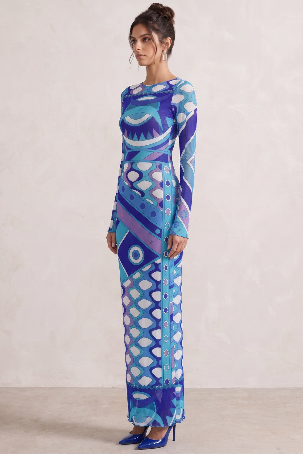 Blue Purple Geometric Abstract Column Maxi Dress in Stretch Mesh Flowering Girl