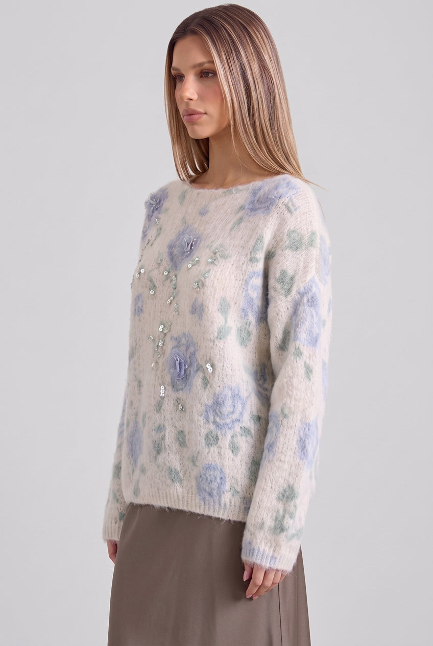 Off-White Mohair-Blend Knit Sweater with Floral Rose Pattern Flowering Girl