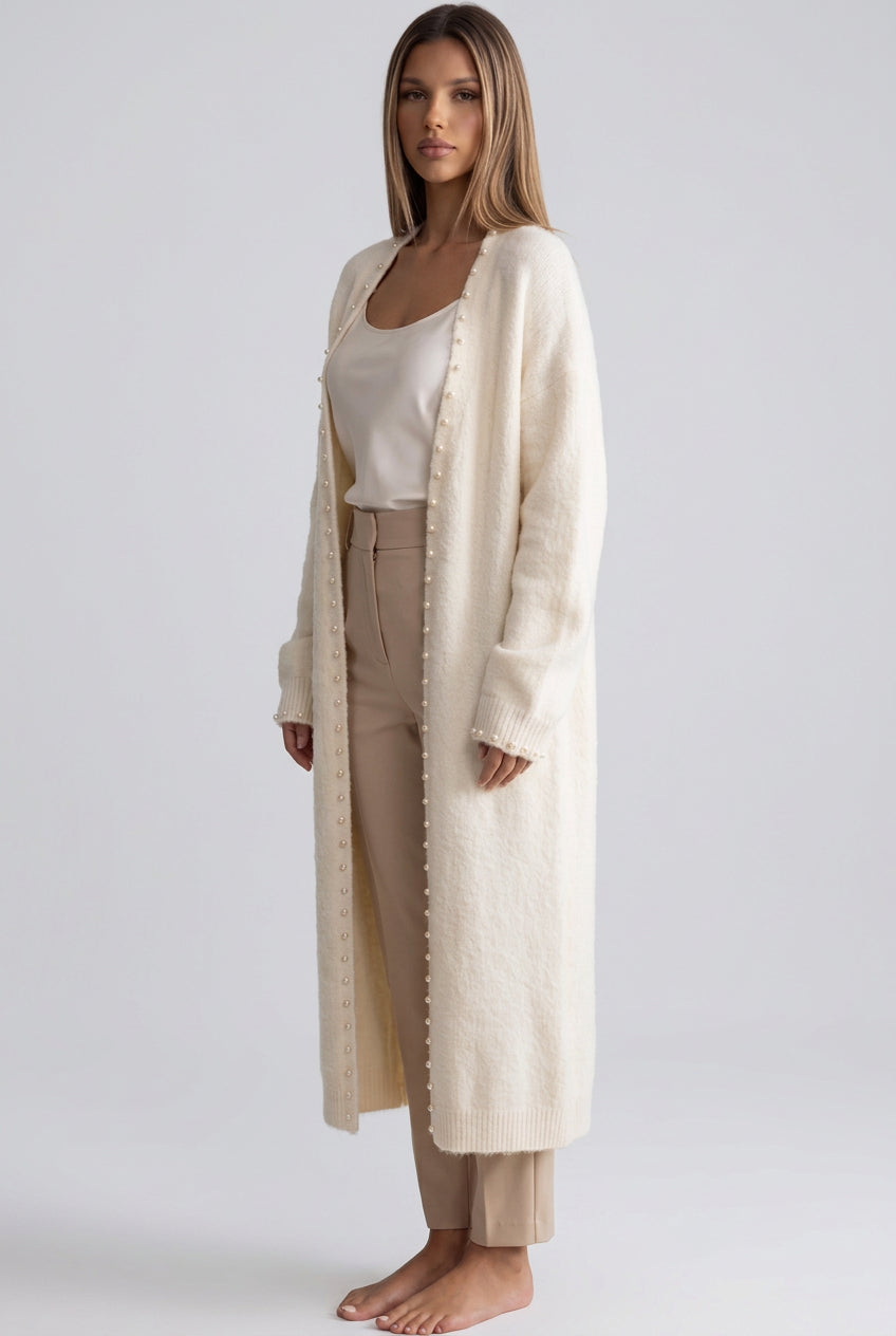 cream fuzzy knit straight oversized open-front long cardigan Flowering Girl