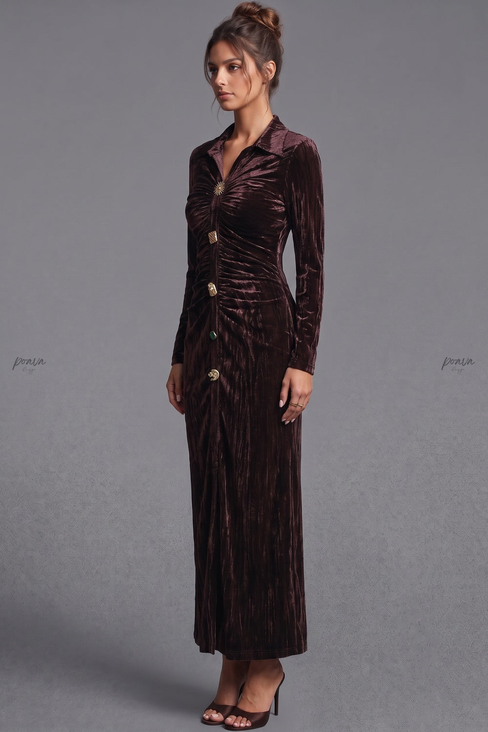Dark Brown Crushed Velvet Column Maxi Shirt Dress Flowering Girl