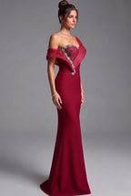 Deep Red Structured Crepe Mermaid Evening Gown with Silver Beaded Asymmetrical Bodice Flowering Girl