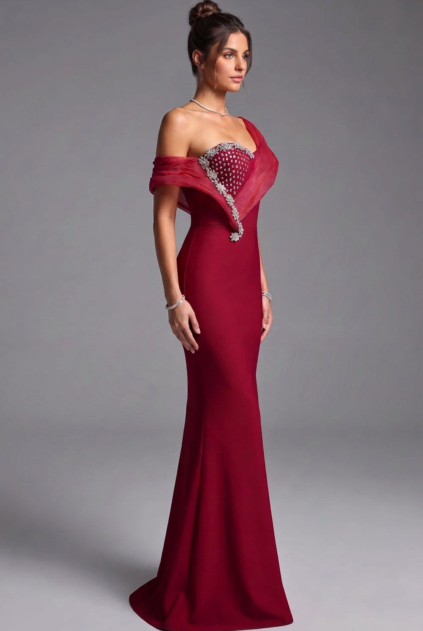 Deep Red Structured Crepe Mermaid Evening Gown with Silver Beaded Asymmetrical Bodice Flowering Girl