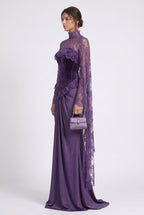 Deep Purple Velvet Corset Evening Gown with Lace Cape Sleeves Flowering Girl