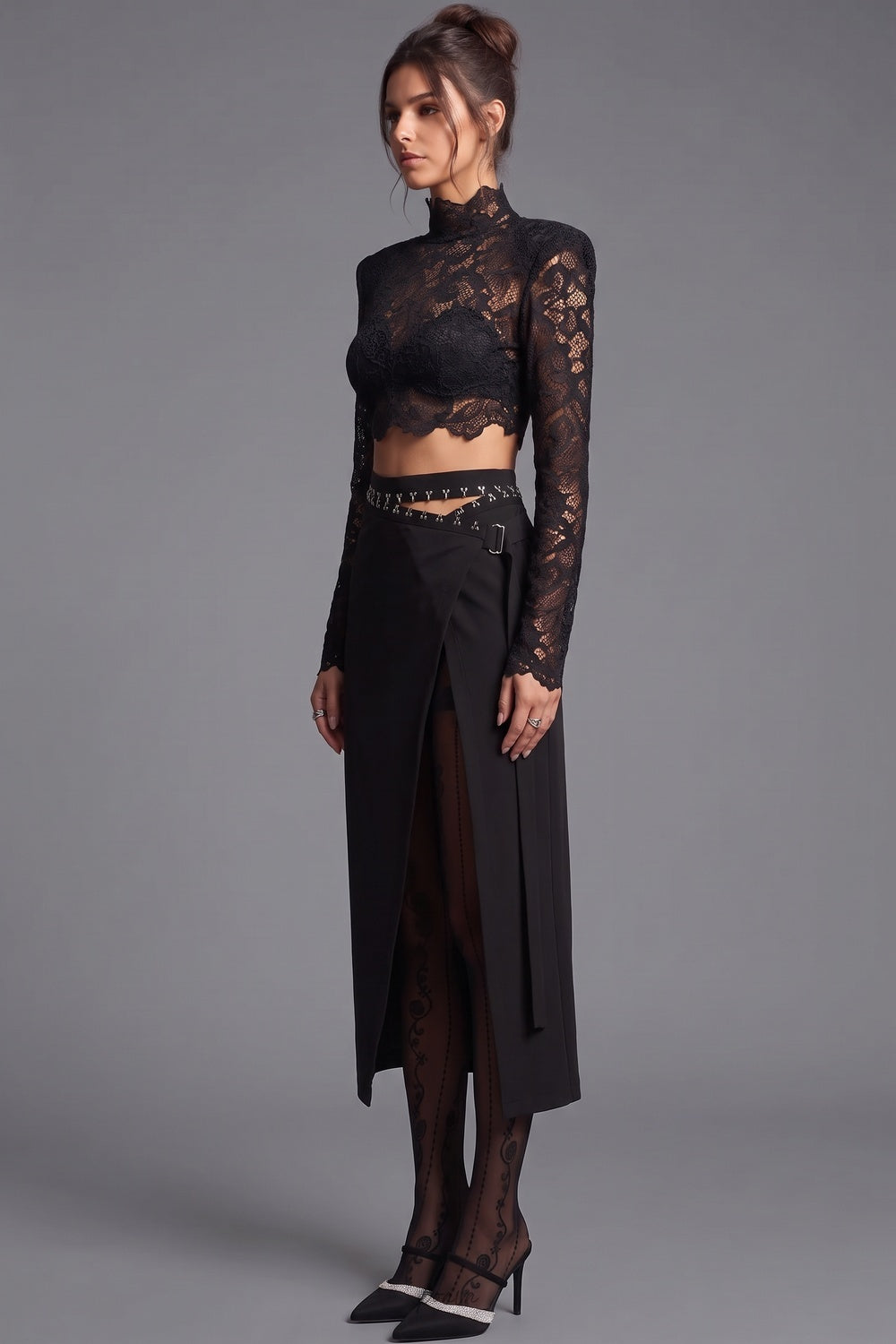 Black Floral Lace Crop Top and Wrap Midi Skirt Two-Piece Set Flowering Girl