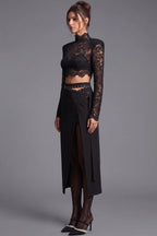 Black Floral Lace Crop Top and Wrap Midi Skirt Two-Piece Set Flowering Girl