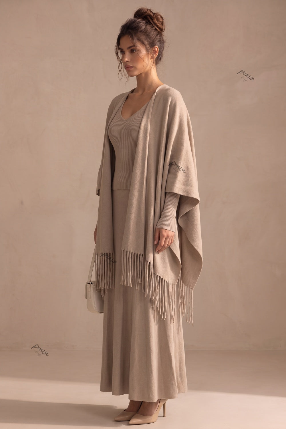 Beige Ribbed Knit Two-Piece Dress and Fringed Shawl Set Flowering Girl