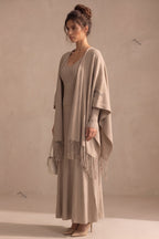 Beige Ribbed Knit Two-Piece Dress and Fringed Shawl Set Flowering Girl