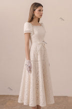 Ivory Floral Lace A-Line Midi Dress with Square Neckline Flowering Girl