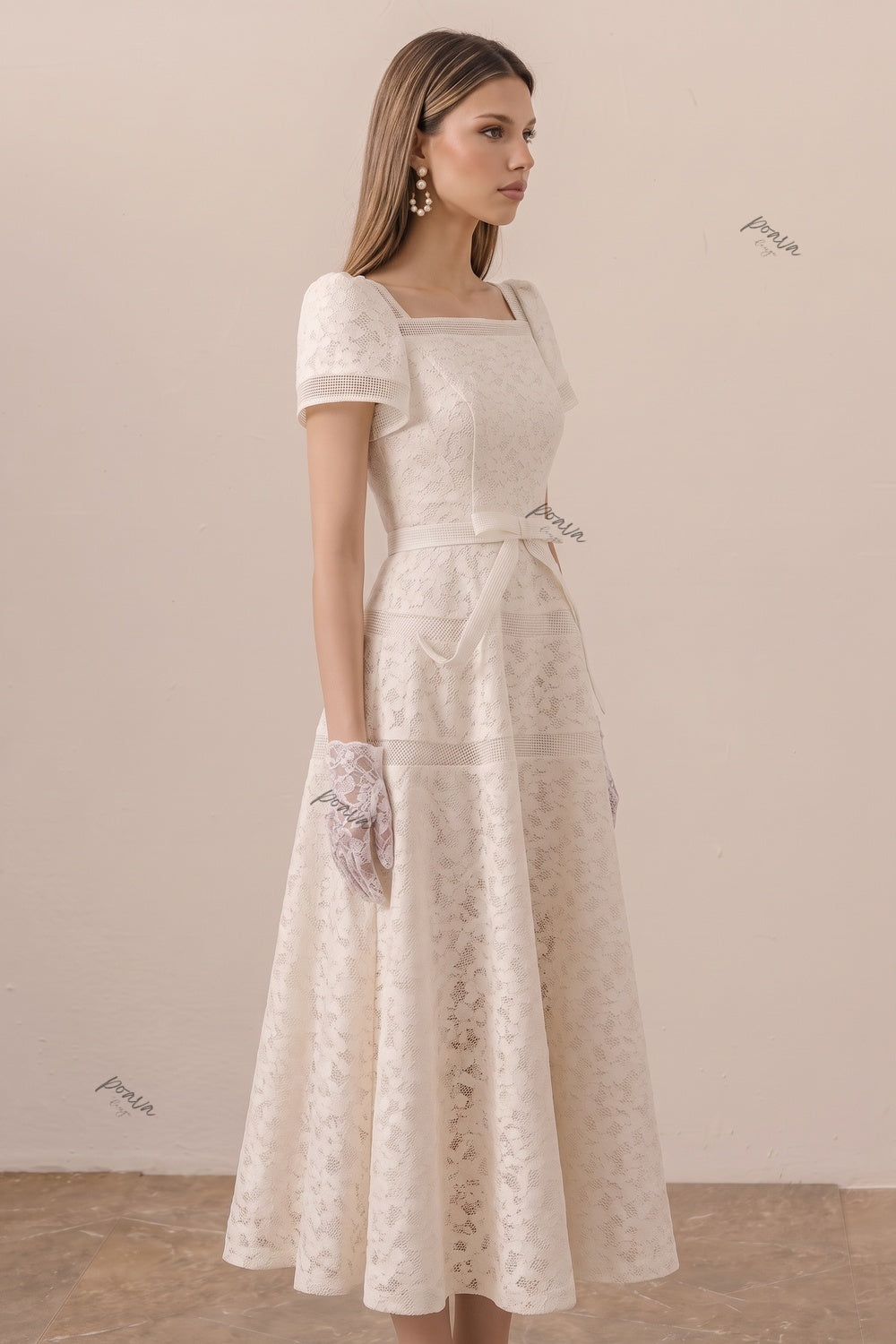 Ivory Floral Lace A-Line Midi Dress with Square Neckline Flowering Girl