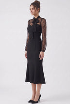 Black Crepe Mermaid Dress with Sheer Floral Lace Sleeves Flowering Girl