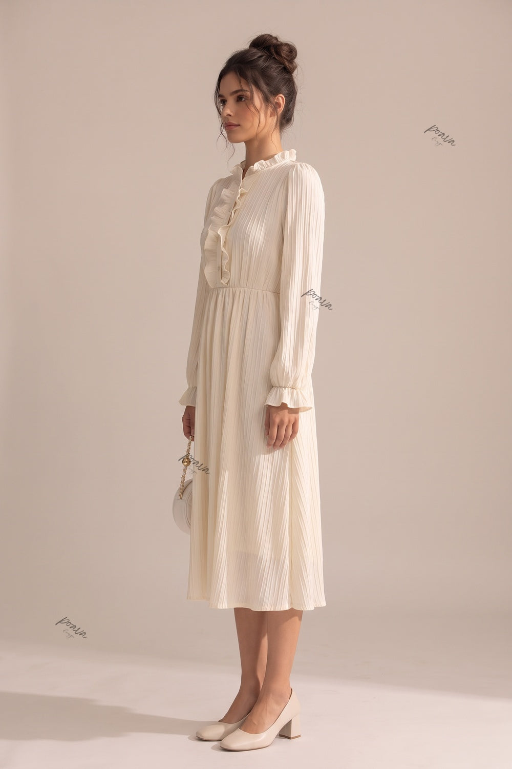 Cream A-Line Midi Dress with Bishop Sleeves and Ruffled Front Placket Flowering Girl