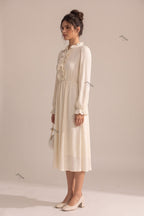Cream A-Line Midi Dress with Bishop Sleeves and Ruffled Front Placket Flowering Girl