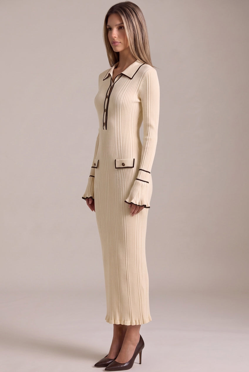 Cream Ribbed Knit Polo Dress with Contrast Trim Flowering Girl