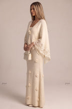 Cream Fuzzy Mohair-Blend Two-Piece Knit Set with Capelet and Rose Appliqué Maxi Dress Flowering Girl