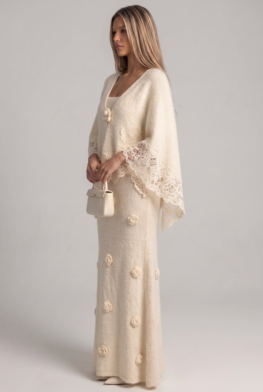 Cream Fuzzy Mohair-Blend Two-Piece Knit Set with Capelet and Rose Appliqué Maxi Dress Flowering Girl