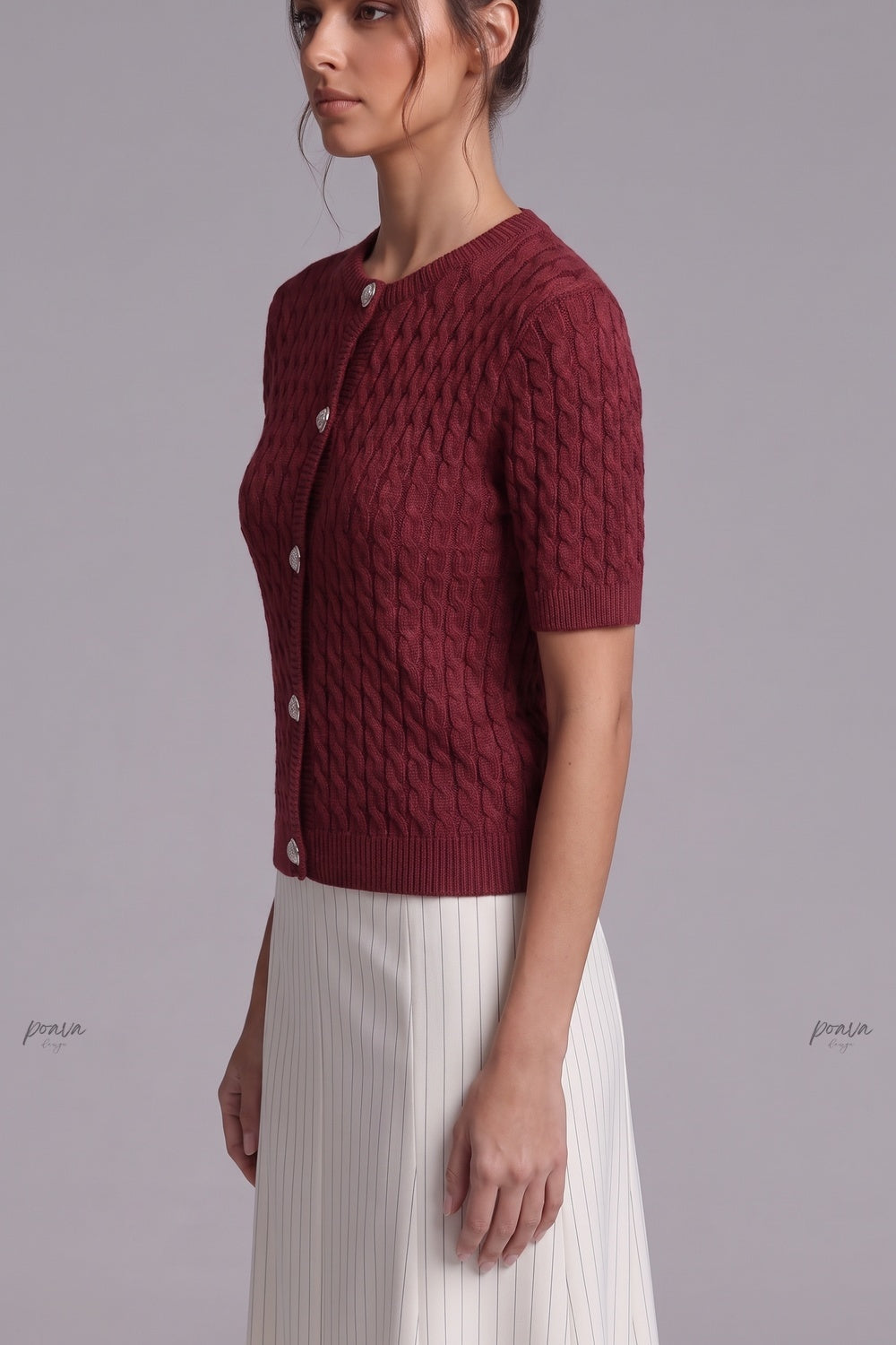 Burgundy Cable-Knit Wool Blend Fitted Short-Sleeve Cardigan Flowering Girl