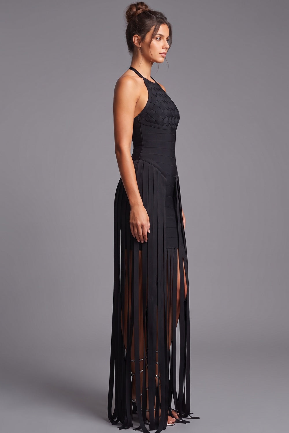 Black Bandage Knit Bodycon Gown with Fringe Overlay Flowering Girl