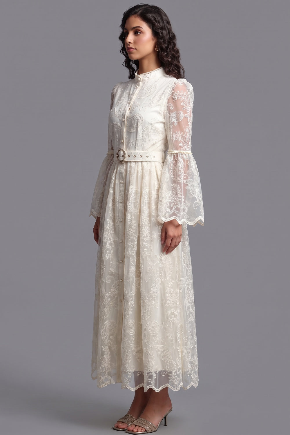 Cream Embroidered Floral Lace A-Line Dress Flowering Girl