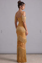 Mustard Gold Fringe Evening Gown with Rhinestone Embellishment Flowering Girl
