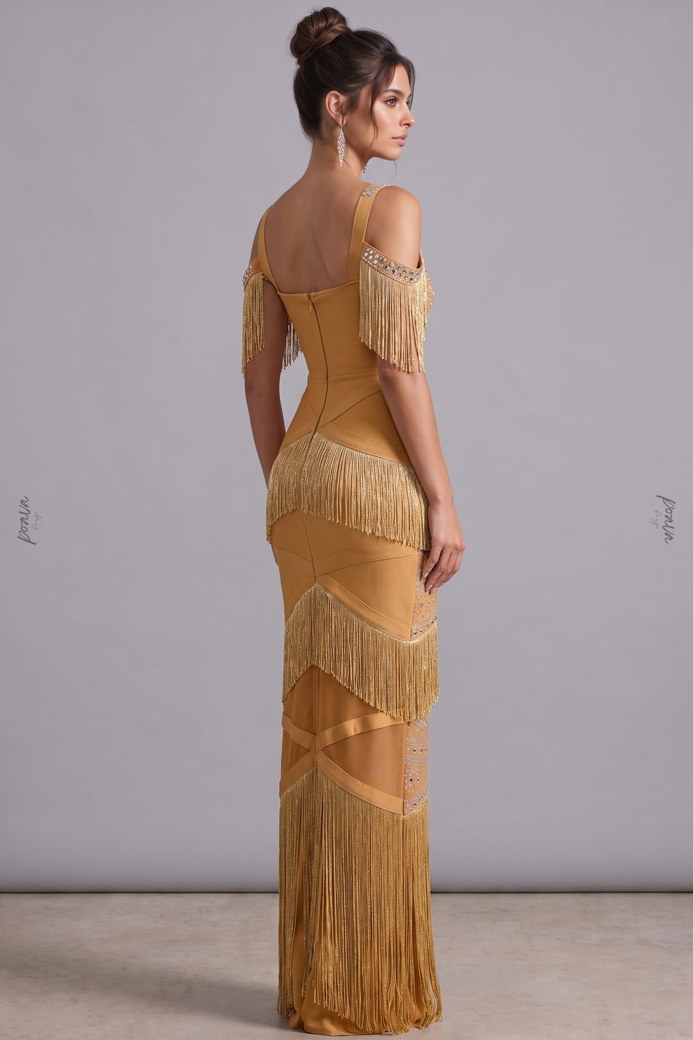 Mustard Gold Fringe Evening Gown with Rhinestone Embellishment Flowering Girl