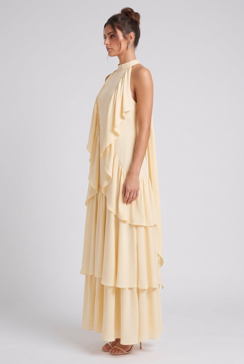 Pale Yellow Tiered A-Line Maxi Dress with Cascading Ruffles Flowering Girl