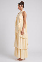 Pale Yellow Tiered A-Line Maxi Dress with Cascading Ruffles Flowering Girl