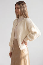 Off-White Fuzzy Mohair-Style Knit Cardigan with Pearl Trim Flowering Girl