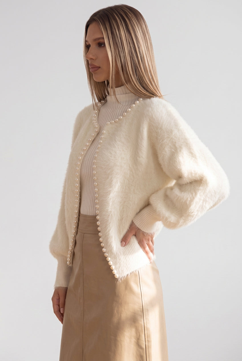 Off-White Fuzzy Mohair-Style Knit Cardigan with Pearl Trim Flowering Girl