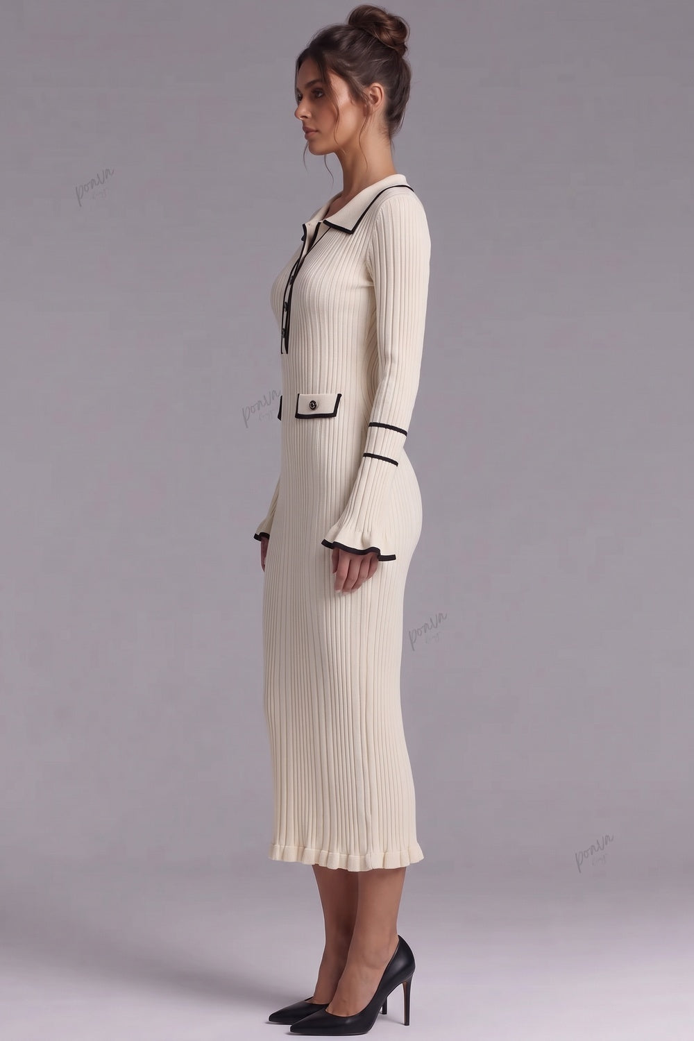 Cream Ribbed Knit Column Dress with Black Contrast Trim Flowering Girl