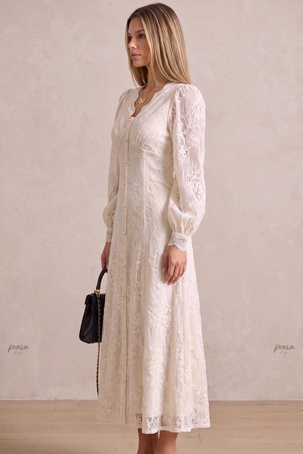 Off-White Embroidered Lace A-Line Maxi Dress Flowering Girl