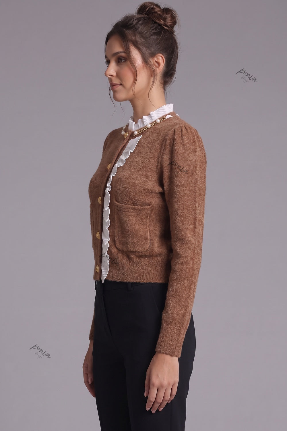 caramel brown textured wool-blend knit fitted, cropped cardigan Flowering Girl