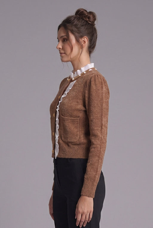 caramel brown textured wool-blend knit fitted, cropped cardigan Flowering Girl