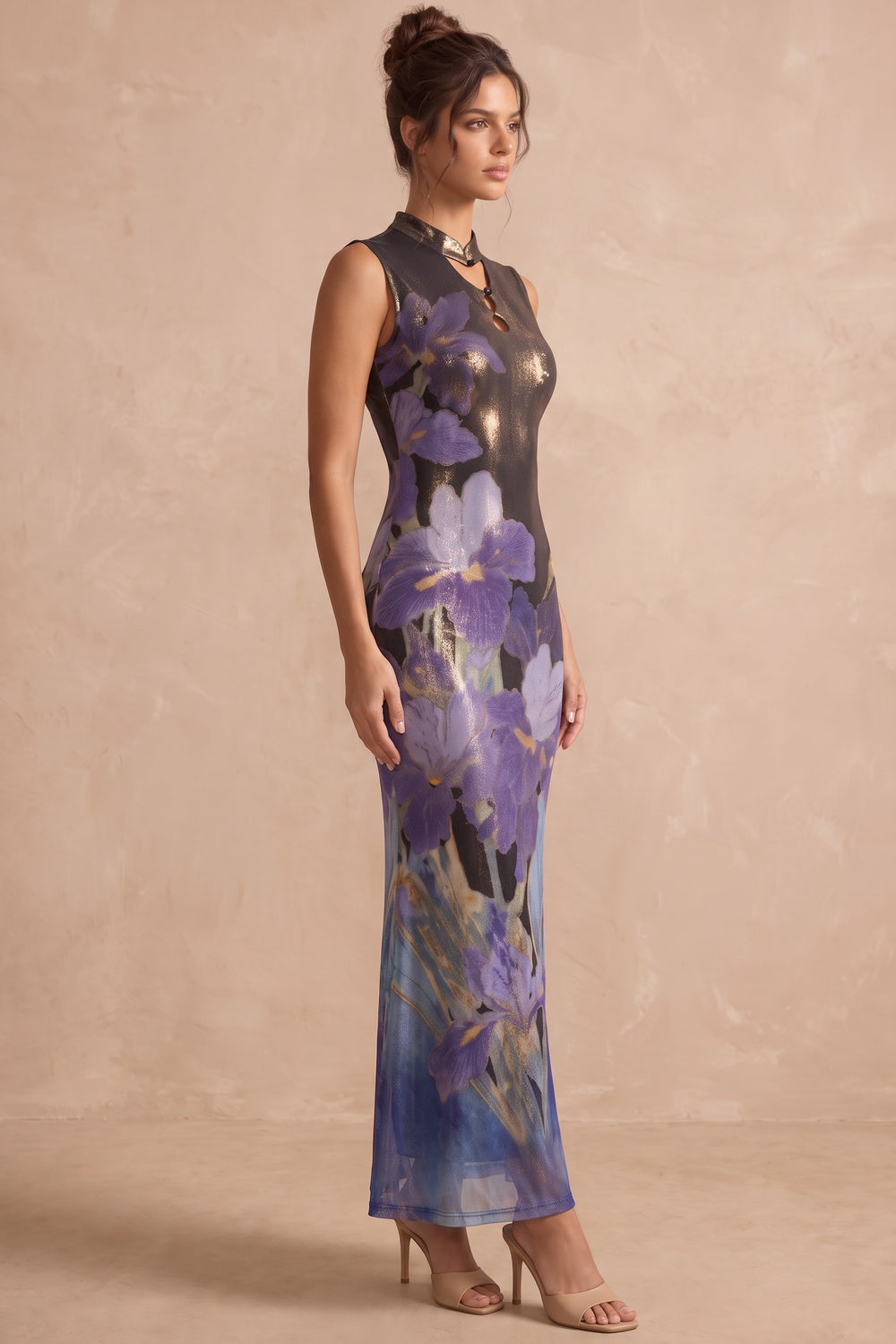 Black Printed Mesh Sheath Maxi Dress with Keyhole Neckline Flowering Girl