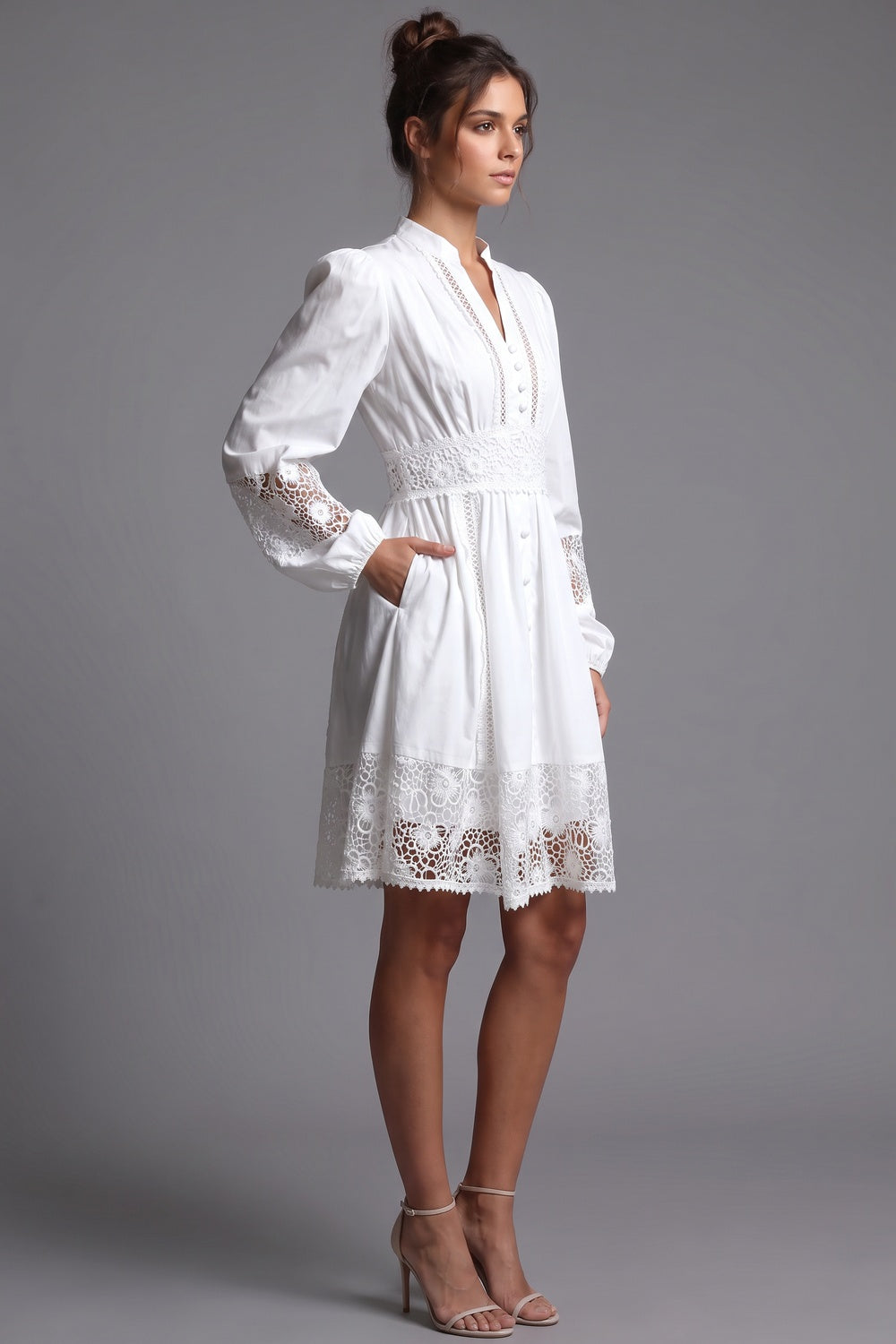 White Cotton Poplin Fit-and-Flare Dress with Lace Inserts Flowering Girl