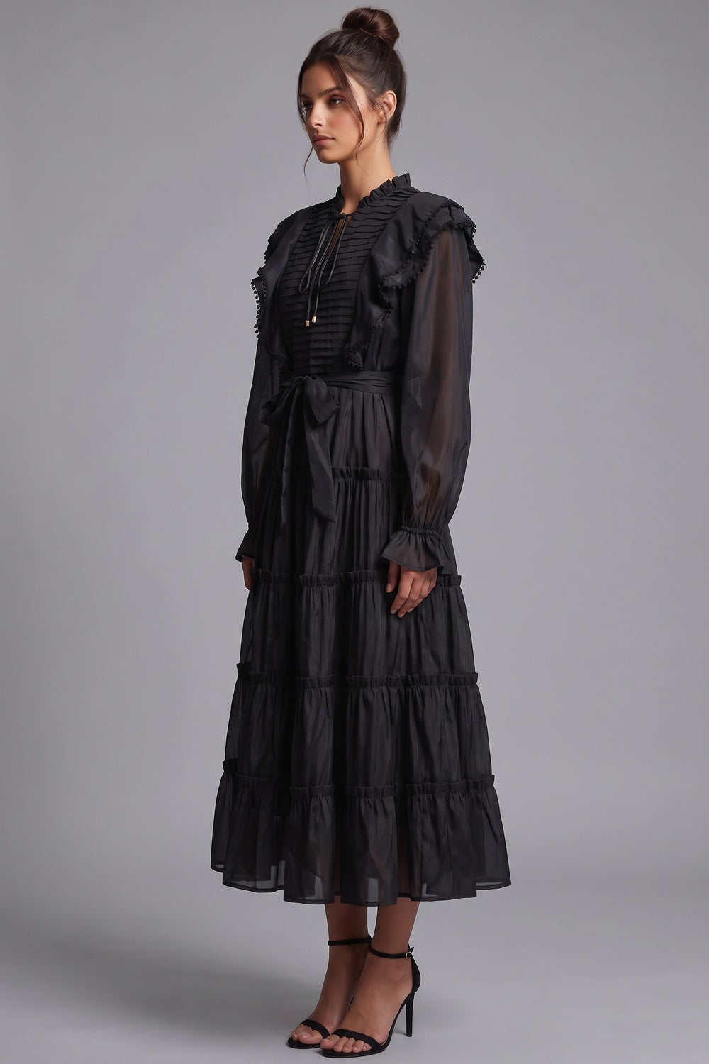 Black Tiered A-Line Midi Dress with Bishop Sleeves Flowering Girl