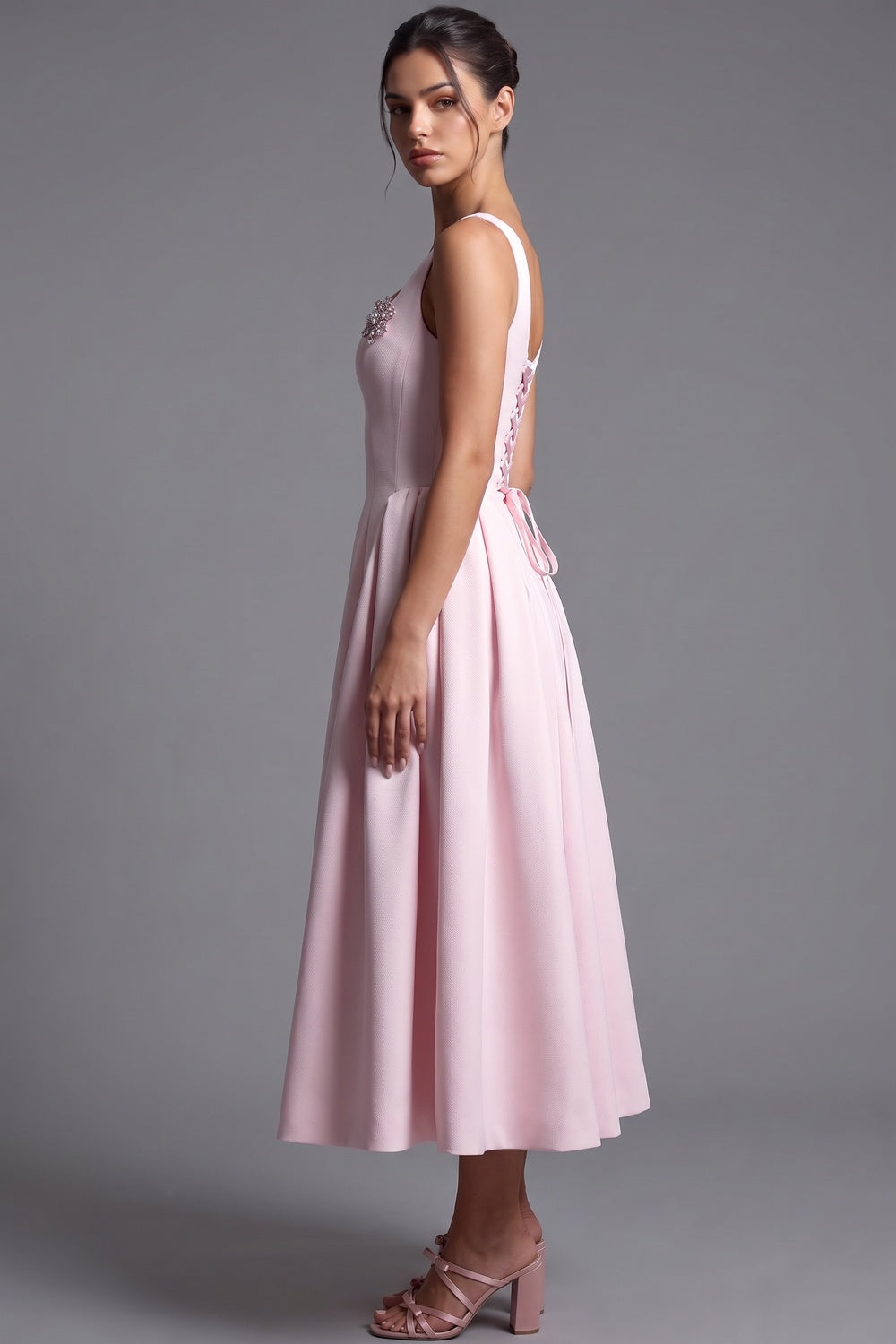 Light Pink Structured Satin Fit-and-Flare Midi Dress Flowering Girl